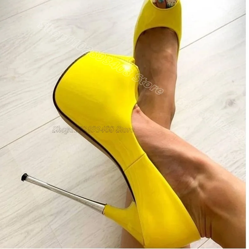 

Yellow Peep Toe Platform Pumps Patent Leather Slip on British Style Spring Party Dress Design Women Pumps Zapatos Para Mujere