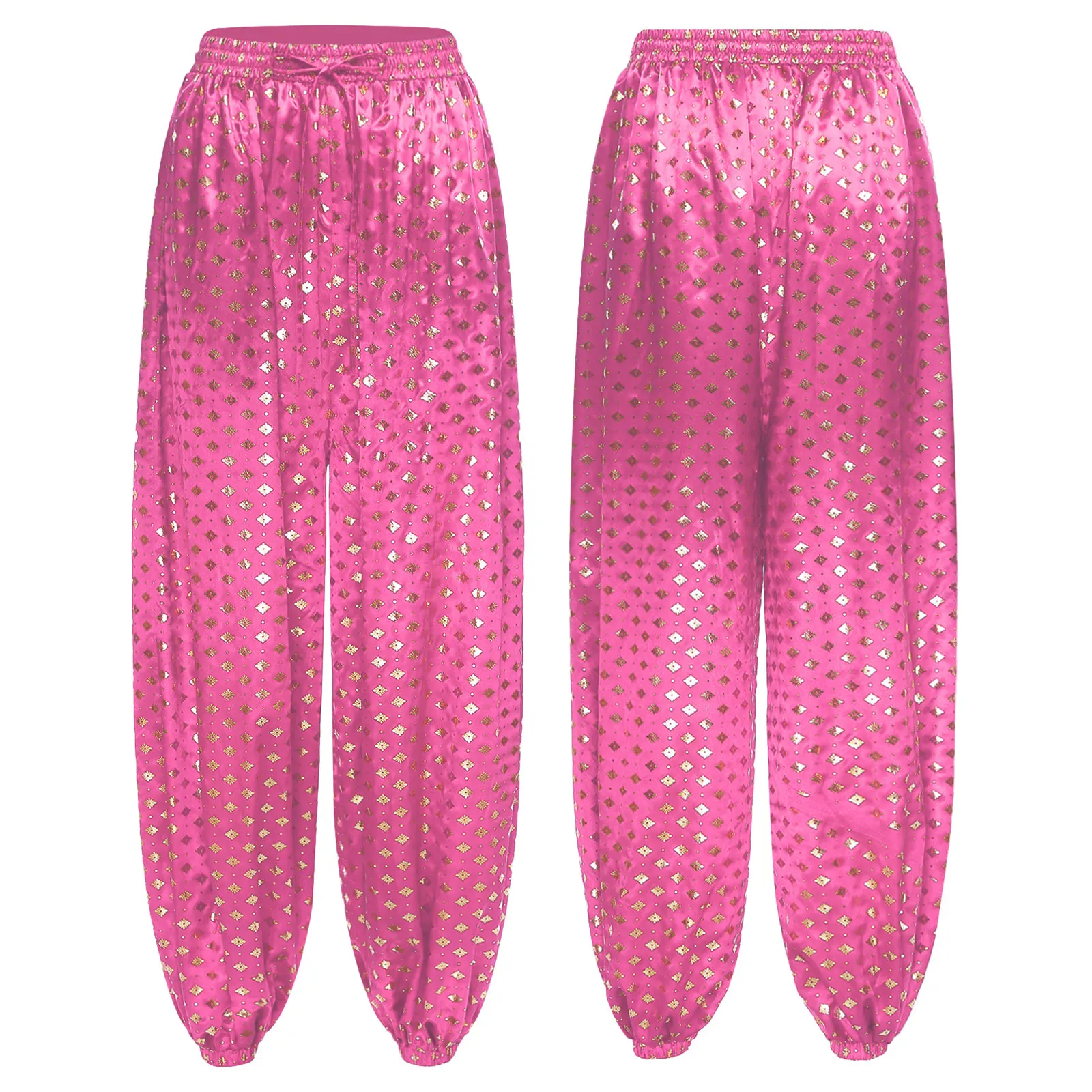 Women Satin Belly Dance Costume Modern Dance Print Bloomers Loose Fit Long Elastic Waistband Pants for Performance Theme Party