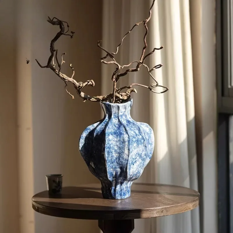 New Chinese hammer pattern ceramic vase wabi-sabi wind living room entrance flower arrangement decoration retro flower
