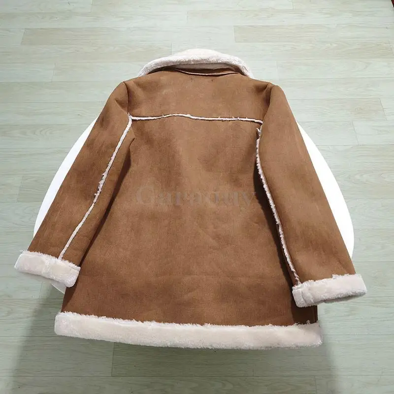 Garaouy2024 Winter Women Imitation Suede Lamb Down Jacket Lapel Loose Pocket Patchwork Coat Female Casual Versatile Warm Outwear