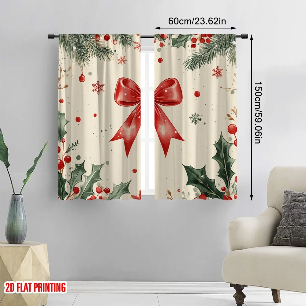 2pcs,2D plane printing Pattern Curtains Christmas Ornaments Red Bow Watercolor (3) Polyester Fabric (without rod) Holiday Ldeal