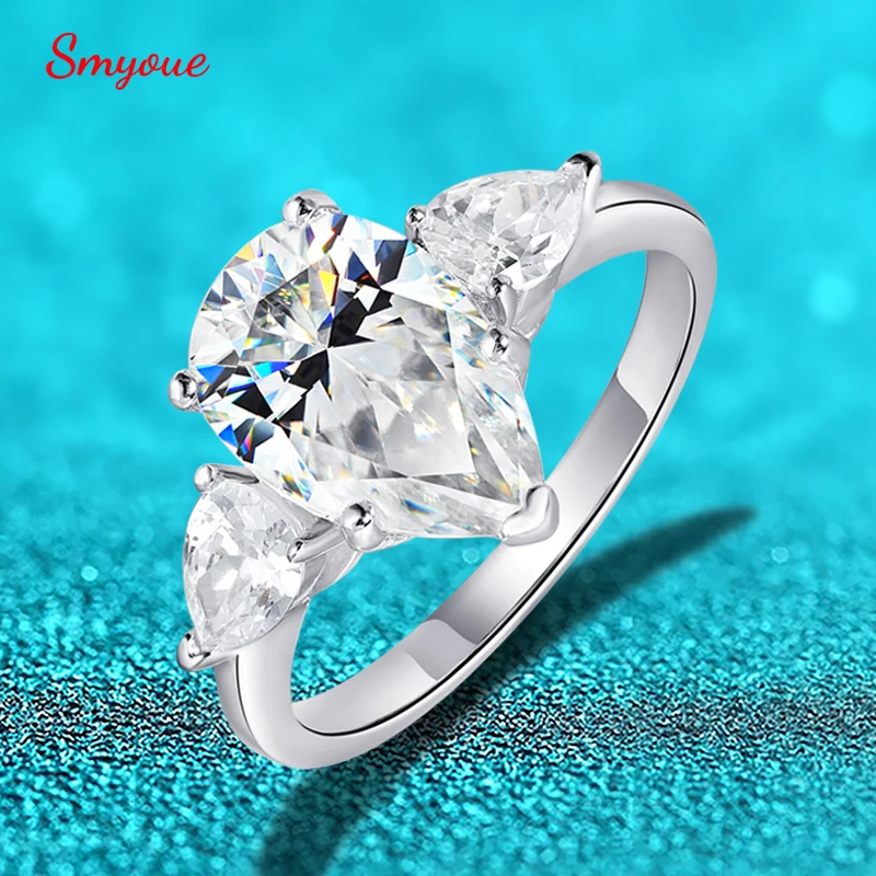 Smyoue 4CT Pear Cut D Color Moissanite Engagement Rings for Women Luxury Quality Jewelry 3 Color Stone Sterling Silver 925 Band