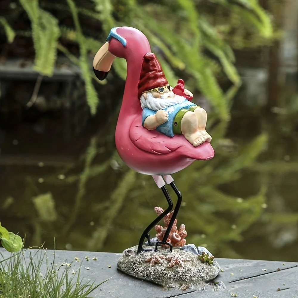 Creative dwarf resin decoration with flamingo back garden decoration