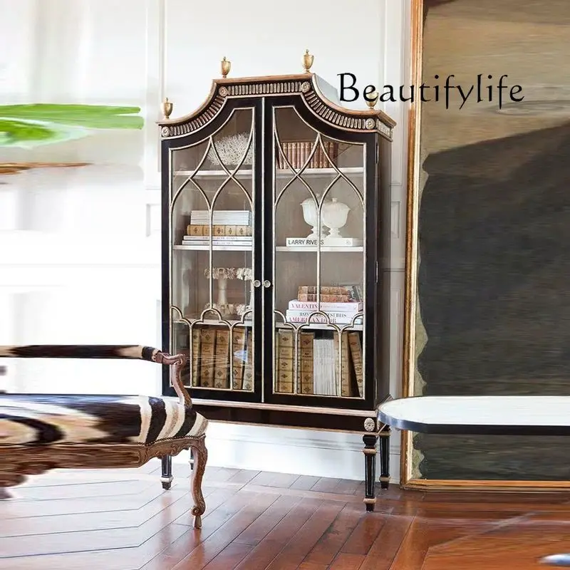 French retro solid wood carving flower wine cabinet American country decorative locker storage cabinet display cabinet