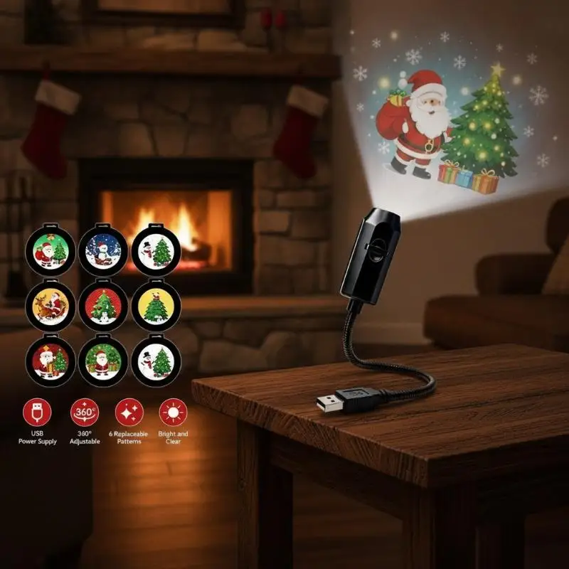 USB Mini Xmas Projector Light Switchable Reindeer Santa Claus Patterns Night Light for Kids Holiday Gift