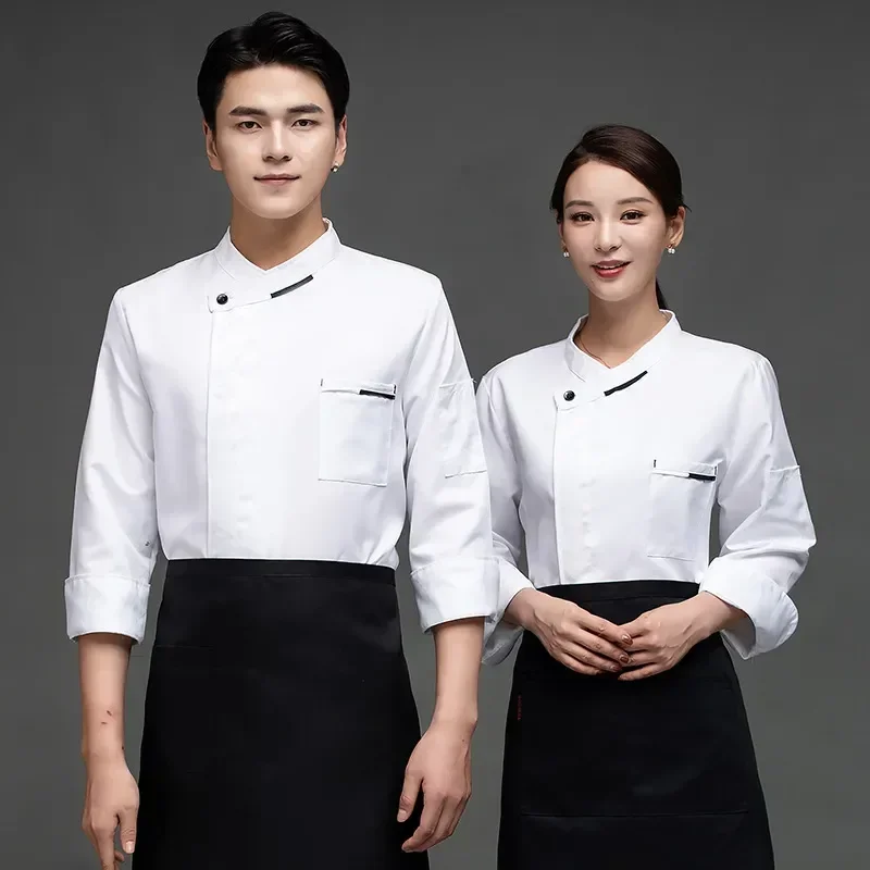 Veste blanche à manches longues pour chef de cuisine, uniforme de serveuse pour femmes et hommes, manteau de restaurant