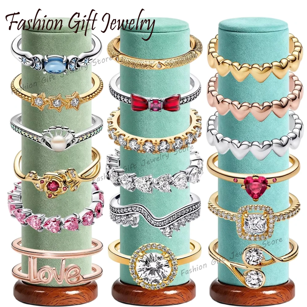 2026 New 925 Silver Sparkling Love Heart Rose Shell Pearl Wave Women's Star Wrong Circle Logo Ring Exquisite DIY Charm Jewelry