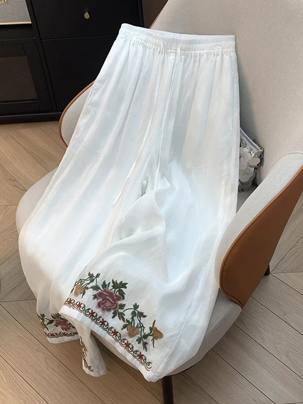 Retro Artistic Double Layered Linen Embroidered Wide Leg Pants Women's High Waist Draped Casual Loose Fit Summer Thin Long Tr...