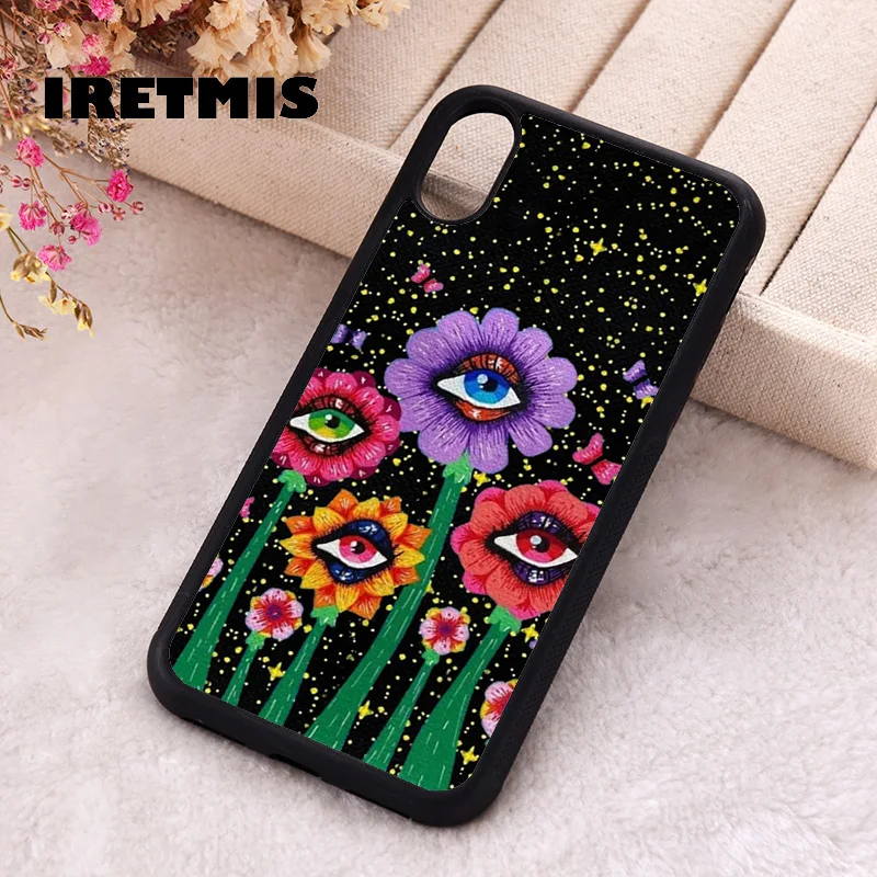 Iretmis Phone Cover Case For iPhone X XS Max XR 11 12 13 PRO MINI 14 15 16 Plus Rubber Silicone Hippie Eye Flowers