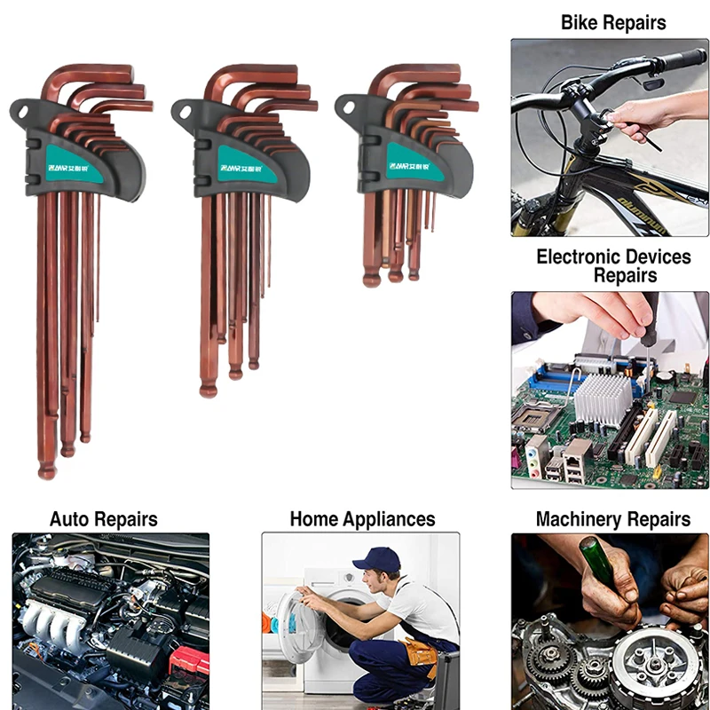 9 pcs Hex Key Allen Wrench Set SAE Metric Long Arm Ball End Hex Key Set Tools Hexagon Wrench Industrial Grade