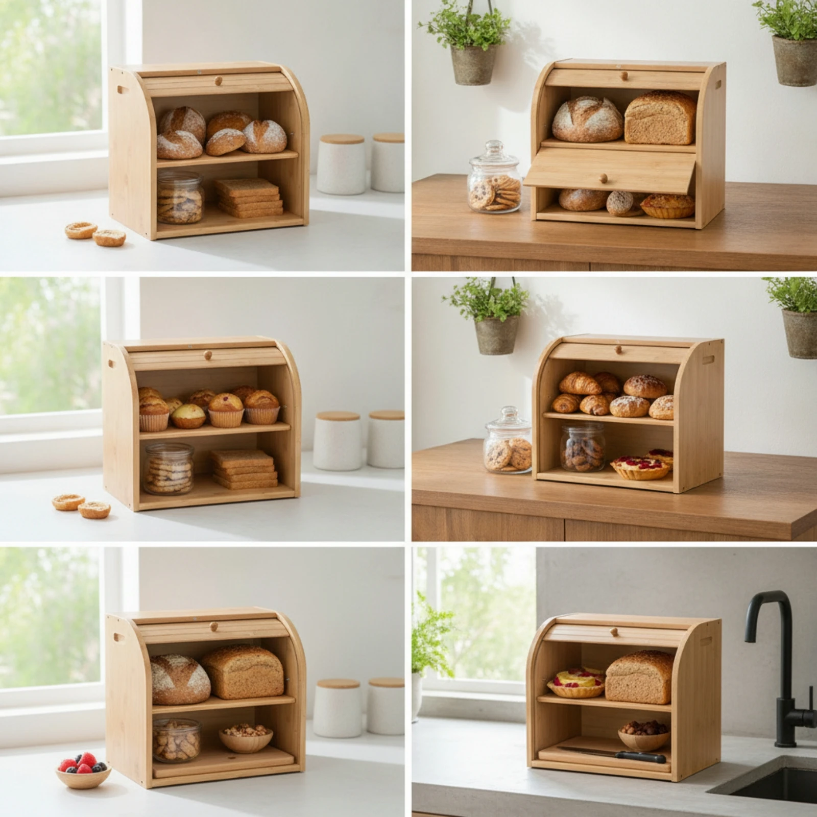 Two-Tier Bread Box Wooden Double-Layer Bread Box Breadbox Open-Front Furniture Natural for Pantry, Cafe view 4