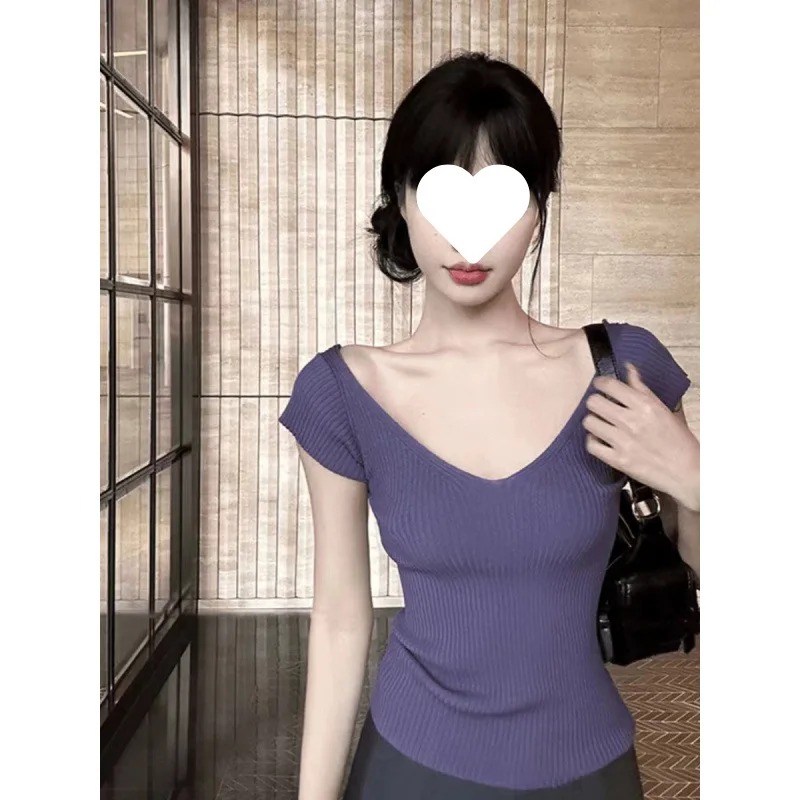 

2026 New Summer Women V Neck Flutter Sleeve T Shirt Slim Fitted Knit Sweater High Waist Short Casual Layer Fashion Streetwear