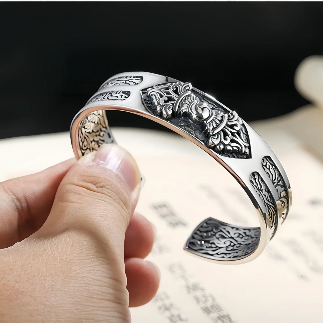 BOCAI New S925 Sterling Silver Charms Bangle for Men Women Antique Buddhist Vajra Pattern Wide Bracelets Fine Choice Jewelry