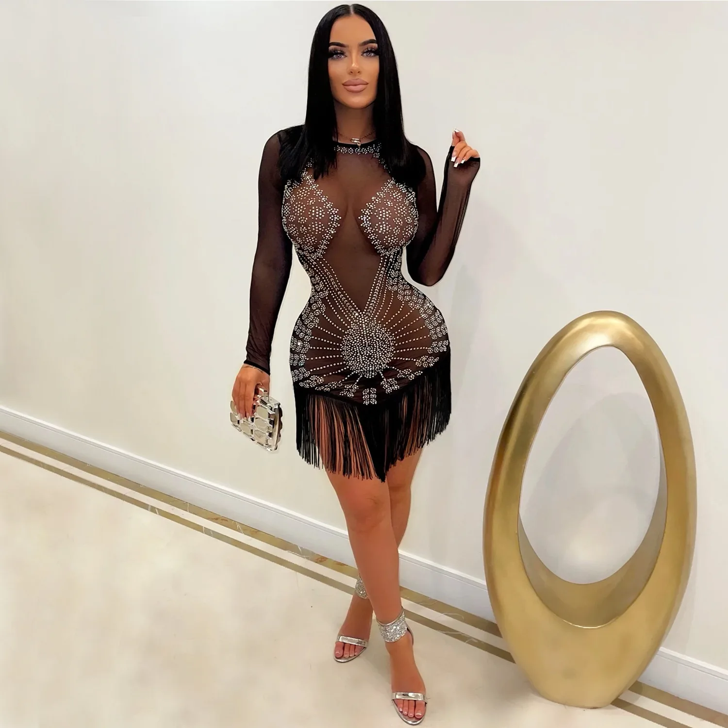 

New Chic See-Through Crystal Night Dress Long Sleeve Sequins Party Dress Birthday Outfits Sexy Clubwear Night Club Party Dress