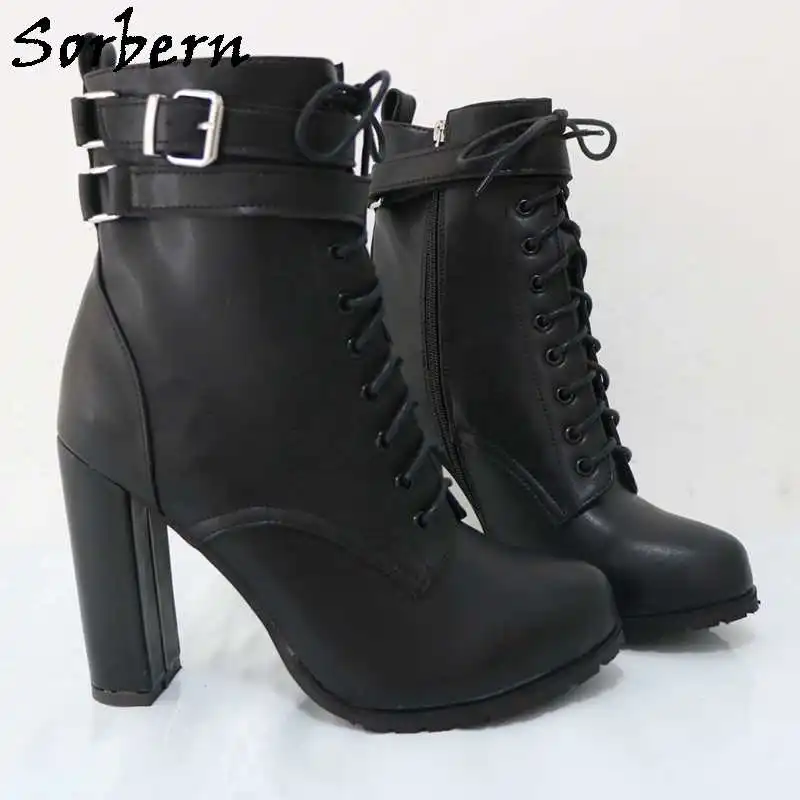 Sorbern Block High Heel Women Boots Ankle Straps Round Toe Hidden Platform Lace Up Shoes Chunky Heeled Short Booties Custom