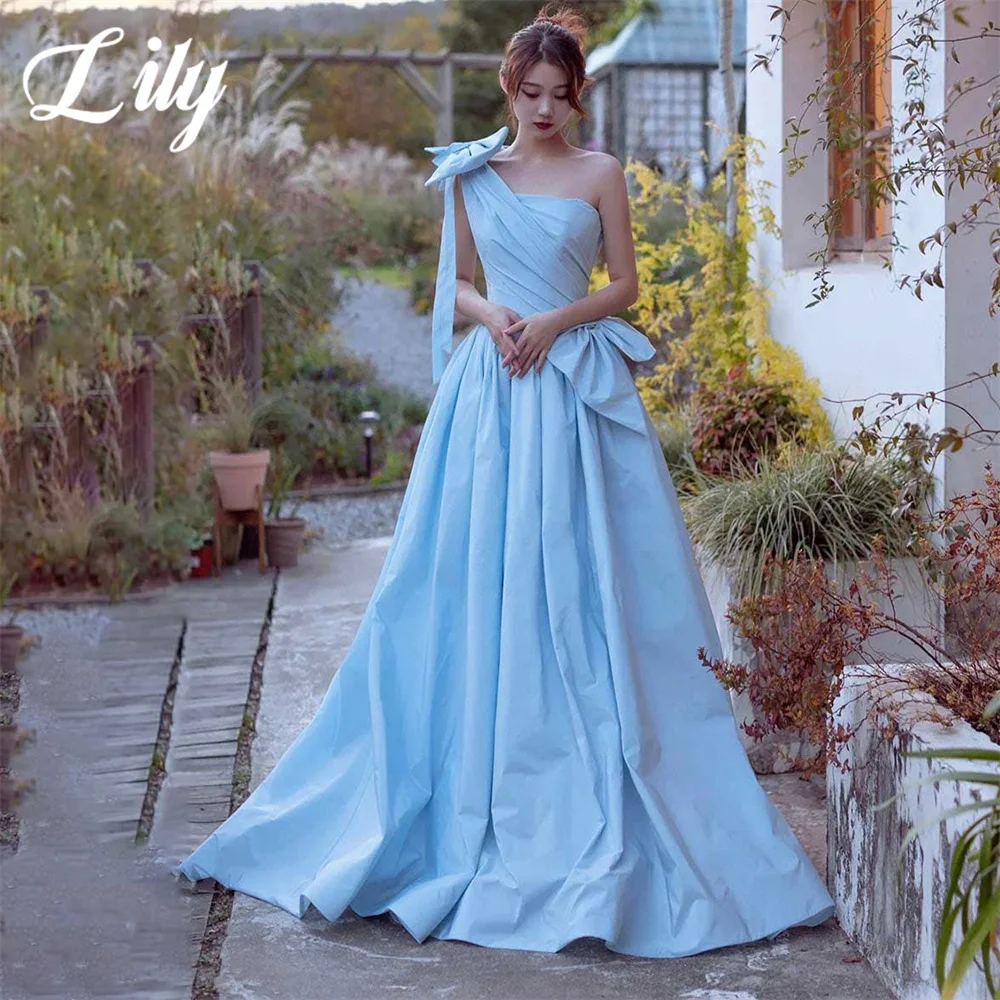 

Lily Blue Evening Gown A-Line Sexy Elegant Prom Dress with Satin Pleats One Shoulder Bow Wedding Evening Dress robes de soirée