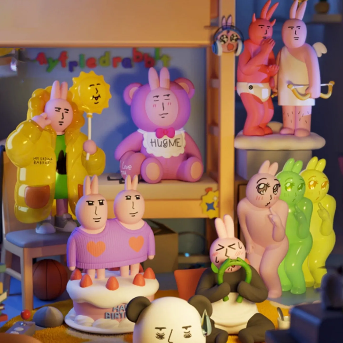 

Мой друг Кролики Красивое настроение Серия Слепая коробка Игрушка Фигурка Креативные мультяшные куклы Декор стола Соберите подарки для детей