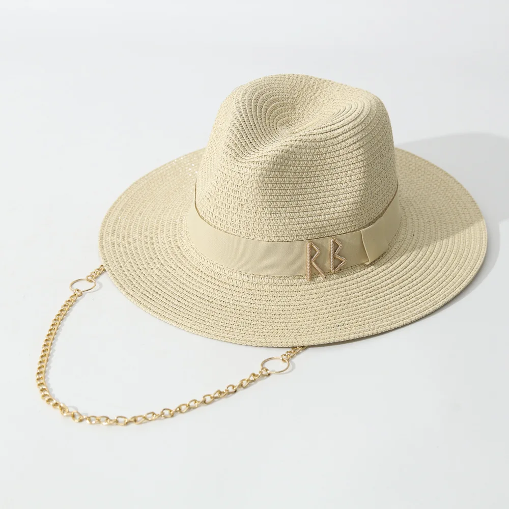 Women's New Letter Wheat Straw Panama Hat Fashion Sun Protection Beach Cap