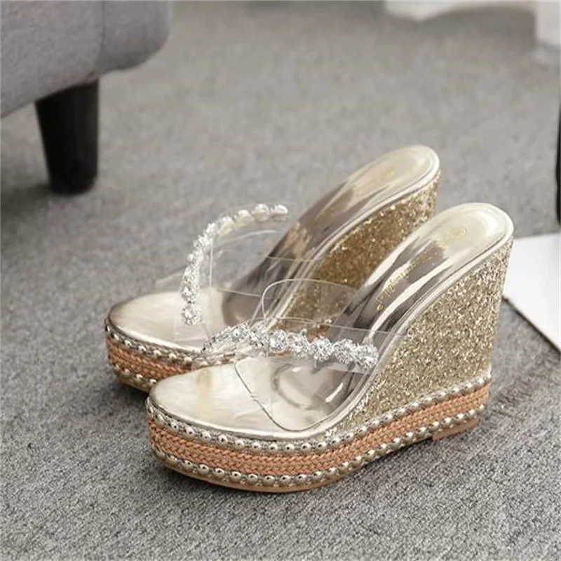 11cm Luxury Women Slippers Rhinestone Platform Wedges Heel Rivet Peep Toe SummerFashion Slides Casual Ladies sandal 34 39