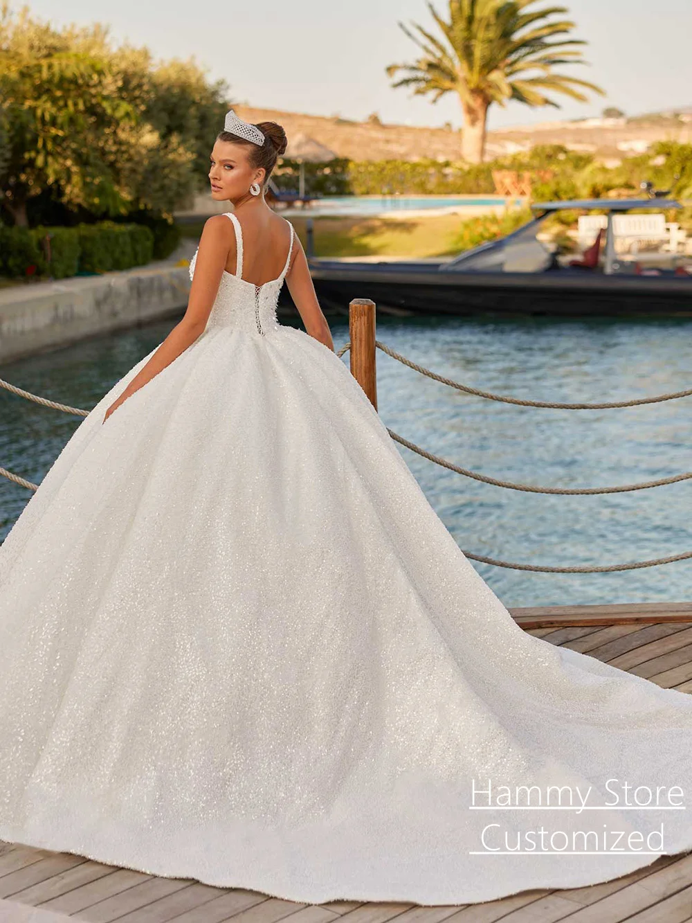 Sparkling Ball Gown Wedding Dress for Lady Customized Square Neck Sleeveless Sweep Train Beading Sequined Corset Bridal Gown
