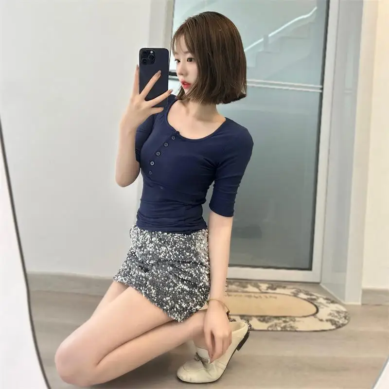Spring New Pure Desire Style Women's Slim Fit mid Sleeve T-Shirt Buttoned Threaded Versatile Base Shirt Korean Style Commute
