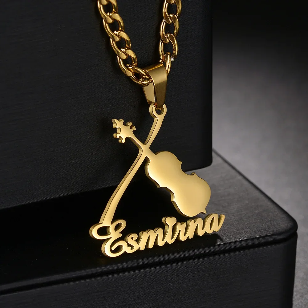 Diamon Fashion collana personalizzata con nome personalizzato strumento in acciaio inossidabile ciondolo a catena spessa per violino per regalo di gioielli da donna