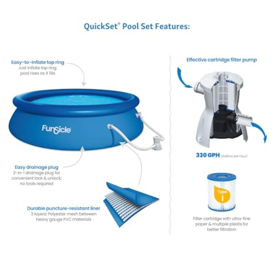 10 Fuß x 30 Zoll Quickset runder aufblasbarer Ringoberteil für den Außenbereich, oberirdisches Schwimmbad-Set mit Pumpe und Typ I-Patronenfilter