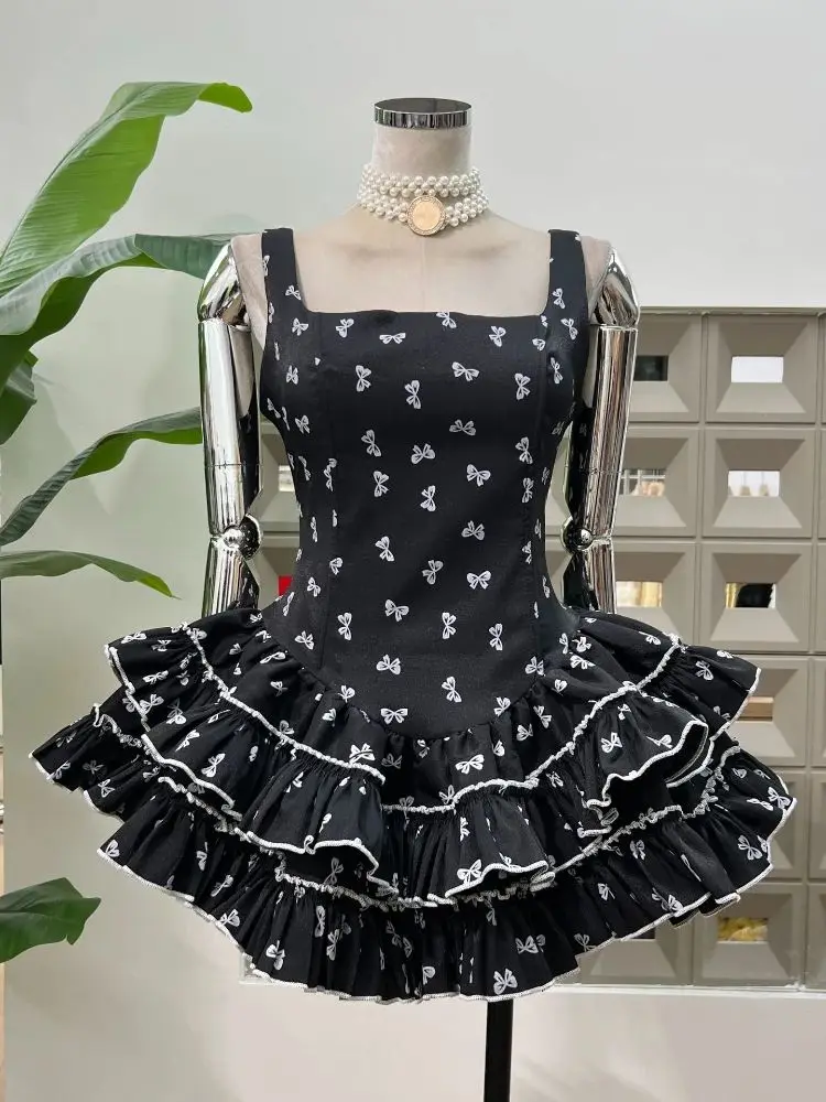 

New Fashion A Line Women's Dresses Sexy Square Neck Sleeveless Bow Printed Mini Cocktail Party Dress Designer Clothes 2025