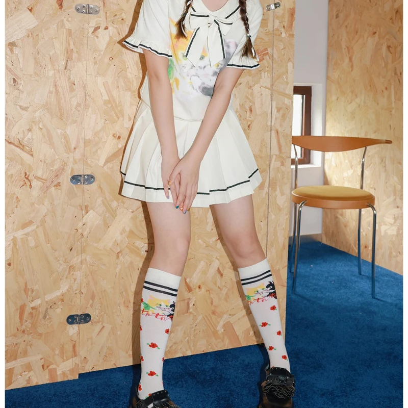 Japanese Design White Cute Animal Floral Women's Calf Socks Autumn New Sports Playful Versatile Cute Mid-Calf Hosiery Ladies