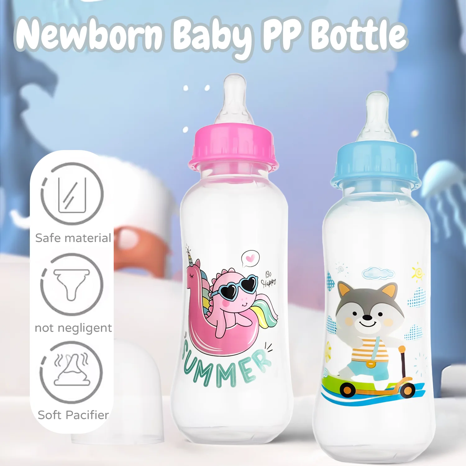 250ml newborn baby bottle, drop-proof and leak-proof baby cartoon PP bottle, safe, durable baby feeding bottle, BPA-free