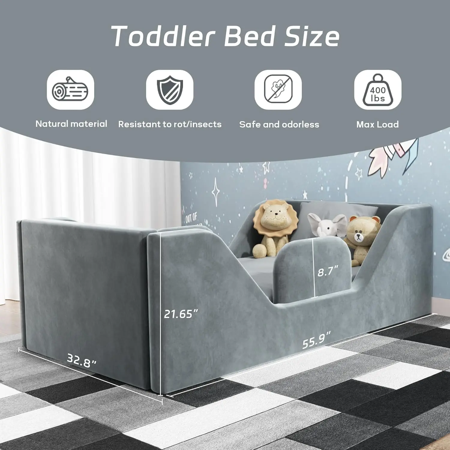 Bed, Toddler Floor Bed Frame with Guard Rails, Small Bed for Kids Boys and Girls Aged 2-6 Years, Certified Fabric Toddle