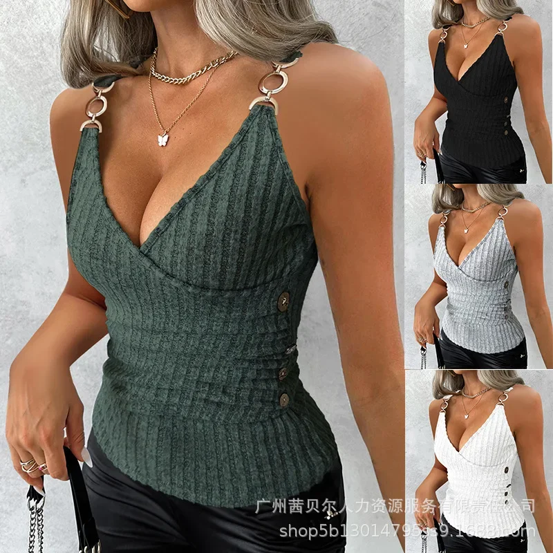 

Chain Tank Top Women Sling Tops Vests Y2k Slim Casual Streetwear Tees V Neck Sleeveless Pleated Tanks Elegant Camis Summer