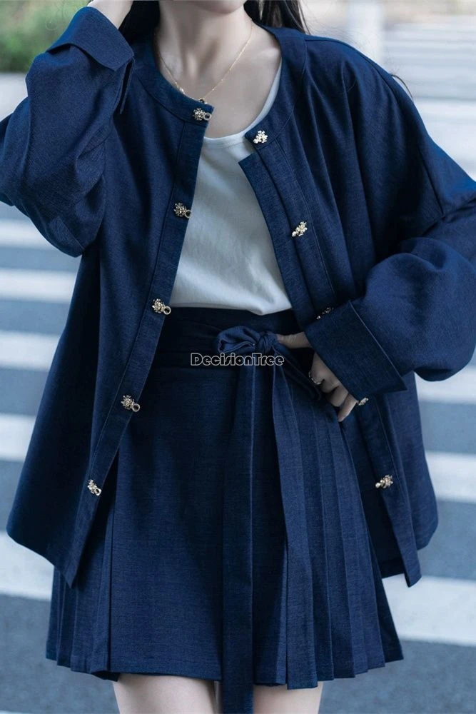 

2025 chinese ming dynasty style round collar long sleeve short blouse pleated skirt daily hanfu retro two-piece set for women