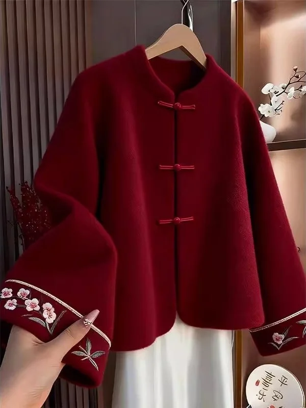 

Extra Large 300 Pou New Chinese Sle Embroidered Buttoned Woolen Jaet Men's Autumn Winter Red Jaet Youth Faion