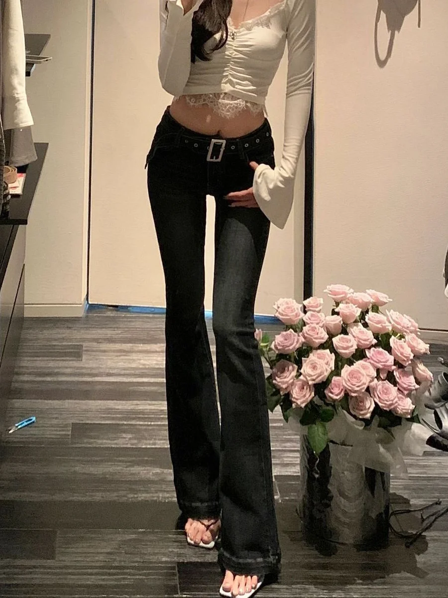 

American Retro Low Waist Bell Bottom Jeans Women's Spicy Summer Street Style Slimming Long Trousers Denim Fabric Button Closure
