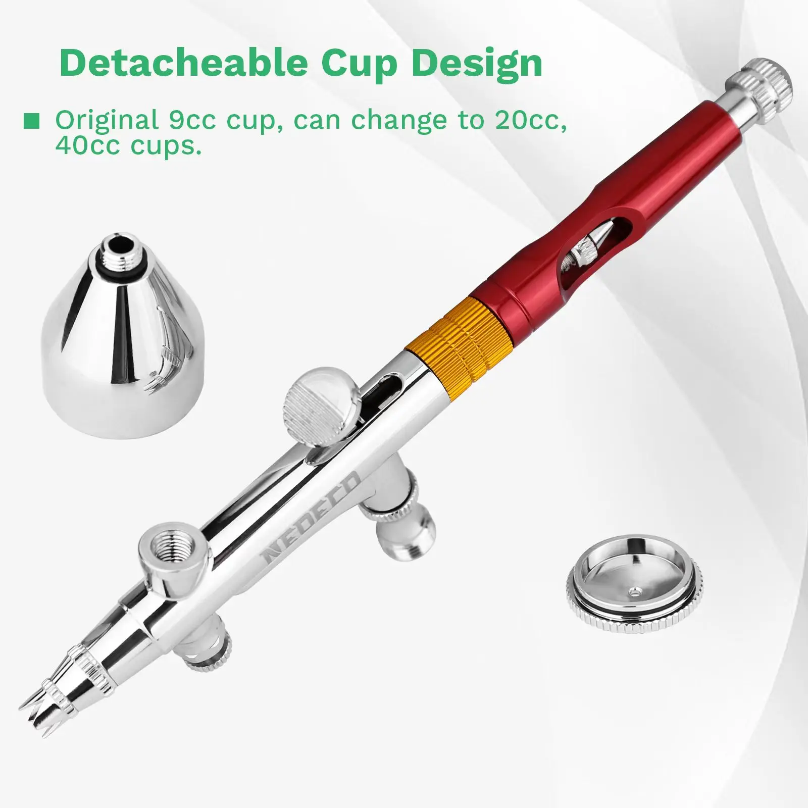 NEOECO NCT-208K Dual Action Airbrush 9cc 1/3 oz Fluid Cups with 20cc 40cc cups Crown caps Air brush kit Gravity Feed Set