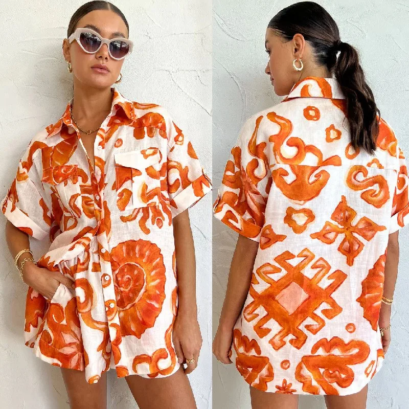 Summer Women\'s Casual Orange Printed Shorts Fashion Collar Short Sleeved Loose Pocket Loose Shirt 2-piece Set Брючные Комплекты