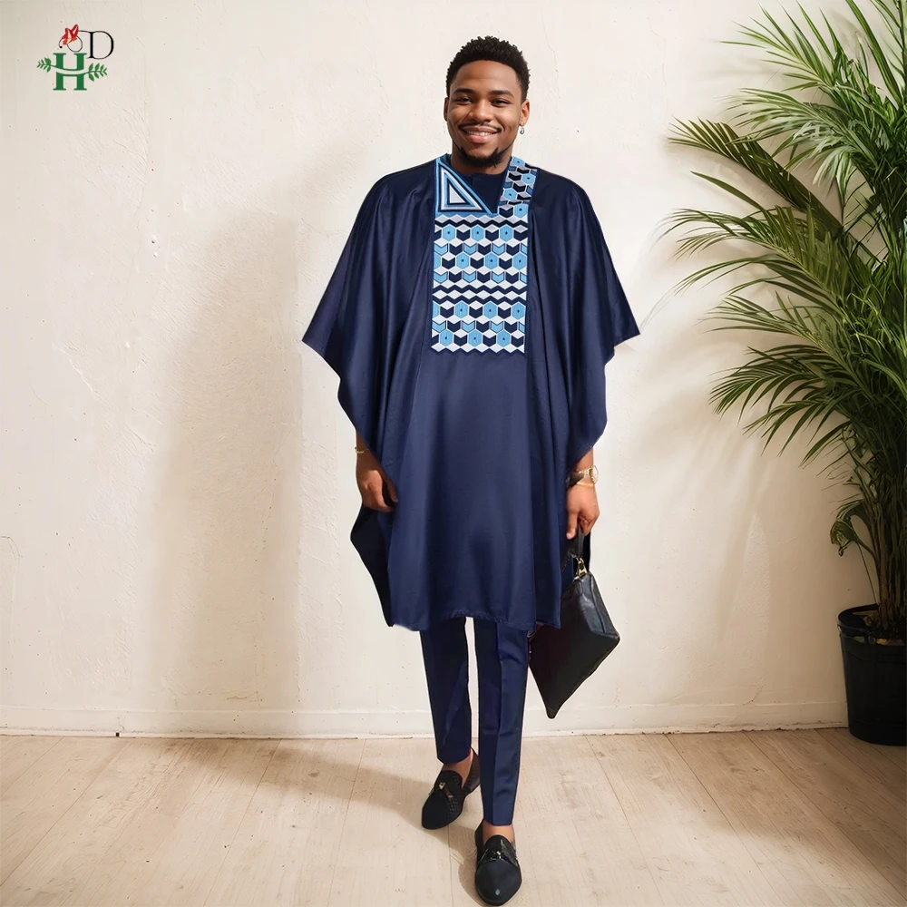 

H&D African Men's 3PCS Outfit Set Plus Size Navy Blue Embroidered Kaftan Daily Couple Thobe For Casual Wear Festivals Gatherings