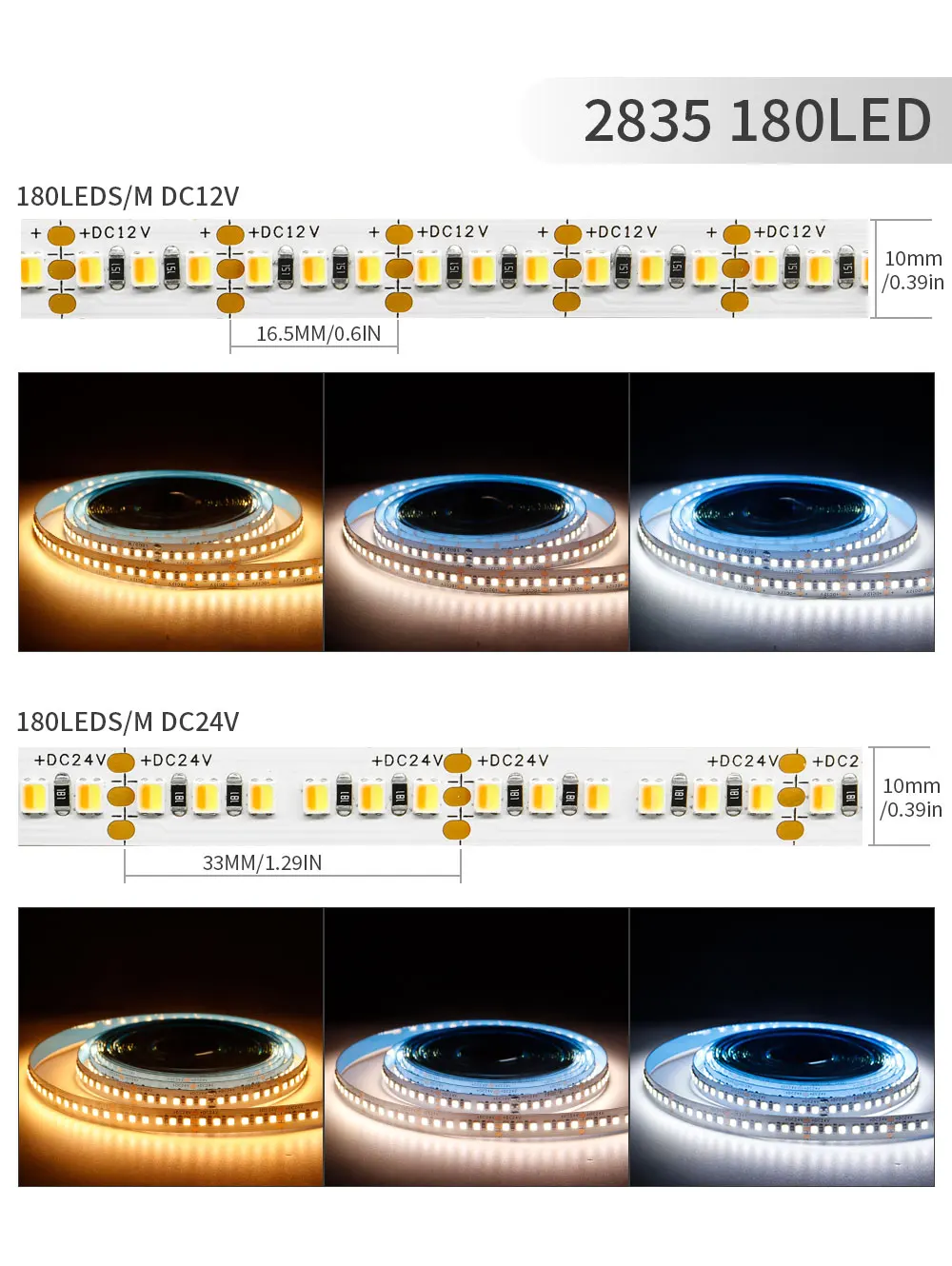 2835 CCT LED Strip bianco/bianco caldo luci Led dimmerabili 120/180/240/336LED/m lampada di illuminazione flessibile lineare 5/8/12mm DC12V DC24