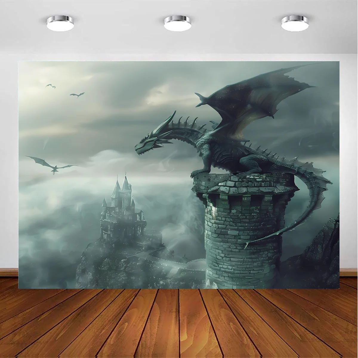 Magic Dragon Tower Hintergrund Stoff-Halloween und Märchen Party Dekoration Drachen Dekoration