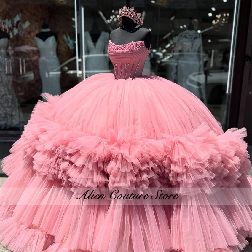 Dust Pink Princess Quinceanera Dress 2025 Bead Crystals Tiered Ruffle 16th Birthday Prom Gown Pearls Ball Gown Customized