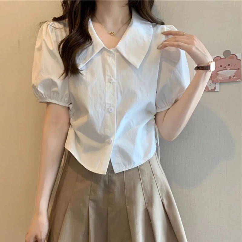 Gidyq Y2K Women White Shirts Summer Fashion Lace Up Shirring Female Short Sleeve Tops All Match Cropped Puff Sleeve Blouse