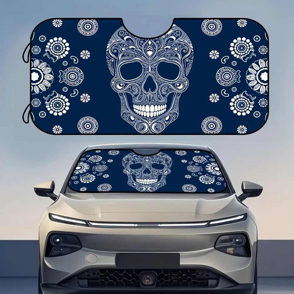 

1pc, Paisley Skull Dark Blue Eyes Print Car Visor Sunshade, Suction Cup Attachment, Suitable For Busy Streets And Afternoon Park