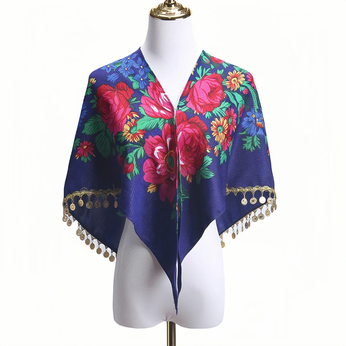 Sparkling Golden Pieces Tassel Shawl Luxury Floral Print Triangle Scarf Lady Pareo Bandana Headband Scarves Female Head Wraps view 5