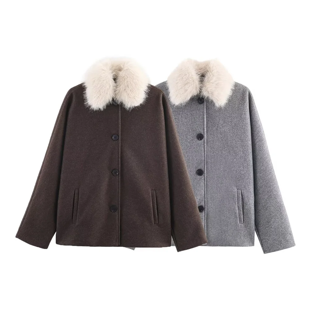 

Winter new women's French collar long sleeved single breasted jacket with fur collar and wide woolen coat