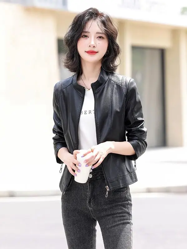   Chaqueta de Cuero Genuino Ning para Mujer, Diseño de Motocicleta, Corte Ajustado, Talla Pequeña, Primavera-Otoño 2025