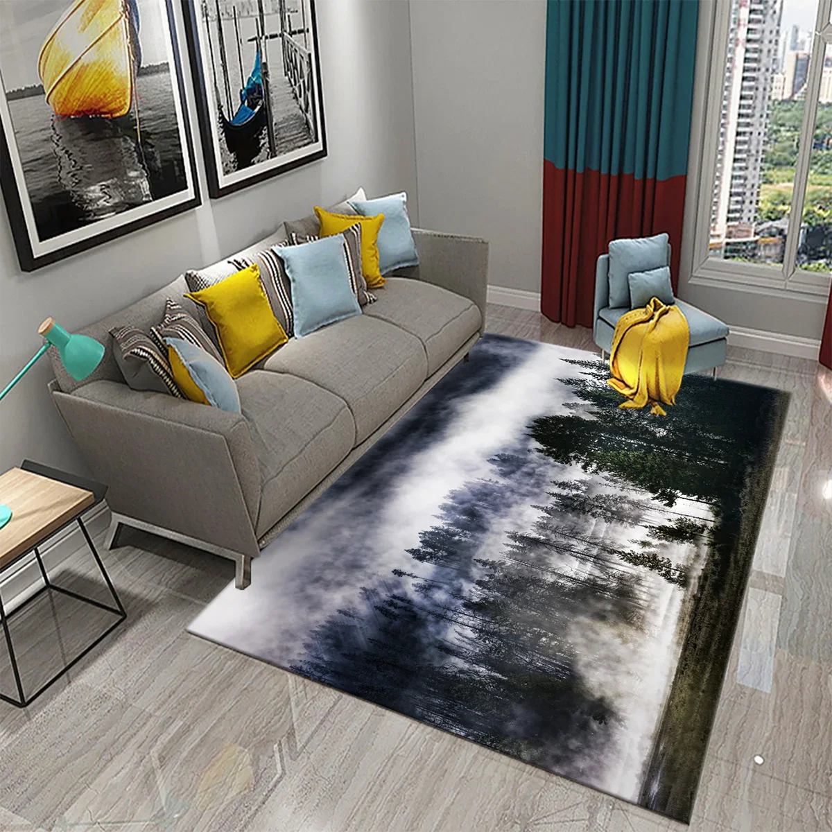 3D Foggy Forest Carpet White Smoke Fog Clouds Rugs Bathroom Kitchen Non-Slip Doormat Area Rug Living Room Bedroom Decor Rugs