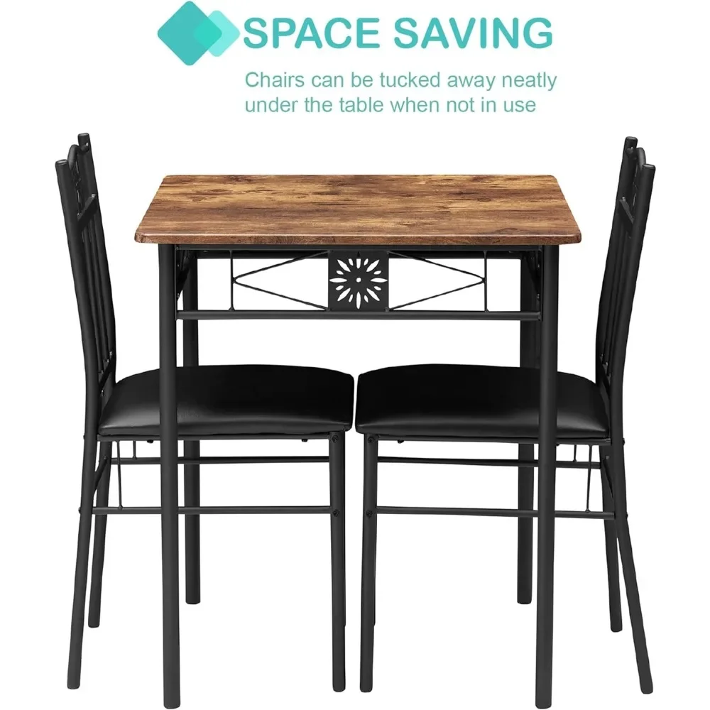 Small Dining Table Set for 2, 3 Piece Kitchen Bar Dinette Square, with PU Padded Chairs, Retro-Brown