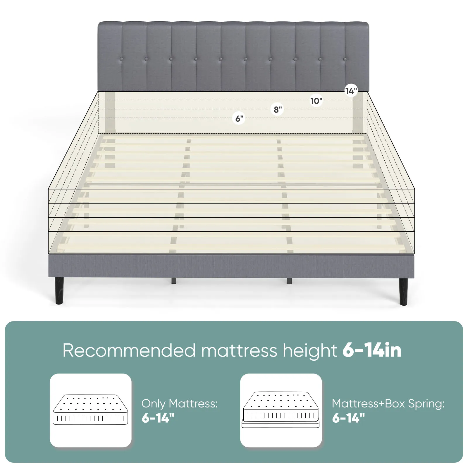 JHK King Wooden Solid Bed Frame with Fabric Upholstered 800LBS Sturdy Slats Support Spring Needed Easy Assembly For Bedroom image 4
