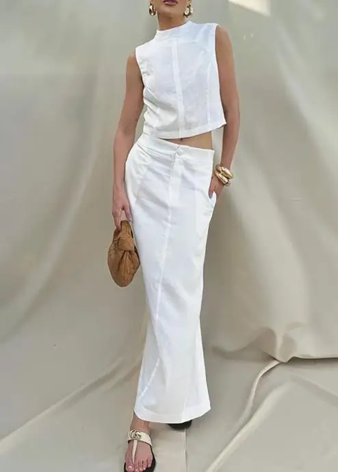 

Spring and summer new cotton and linen sleeveless stand up collar top, split loose long skirt, simple commuting two-piece set